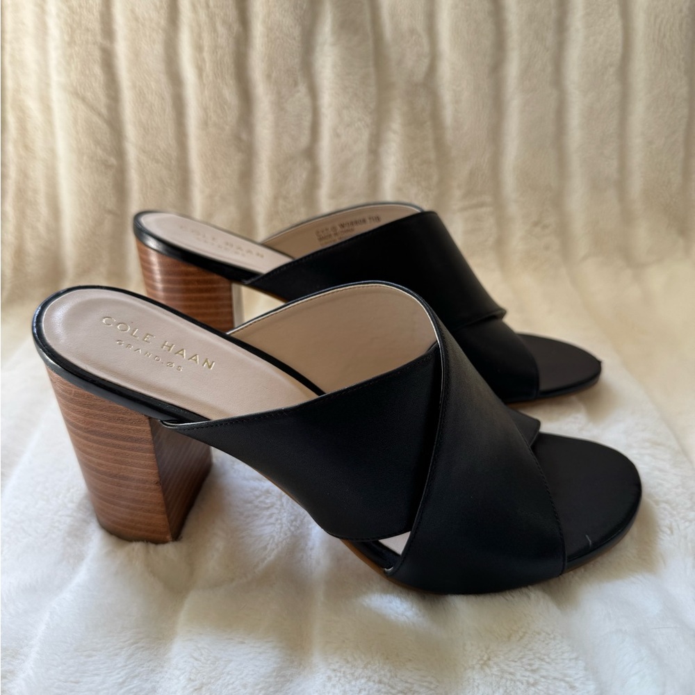 Cole Haan Black Leather Mules with Wooden Heel